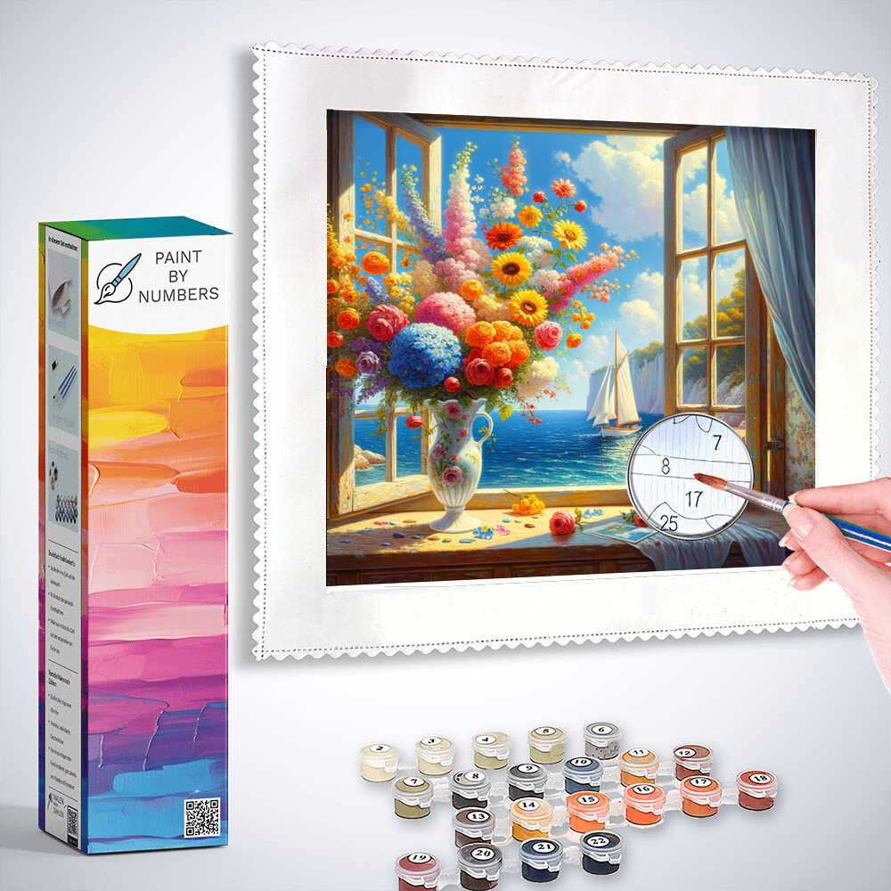 Paint by Numbers kit showcasing a window view to paradise with a bouquet, sailboat, sea, and cliffs in a realistic style.