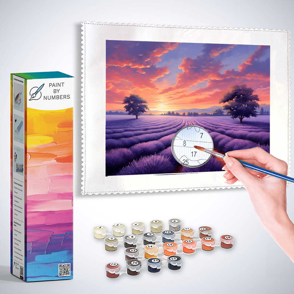 Paint by Numbers kit for "Lavender Dream on the Horizon" with hand painting a vibrant purple and pink sky over a lavender field.