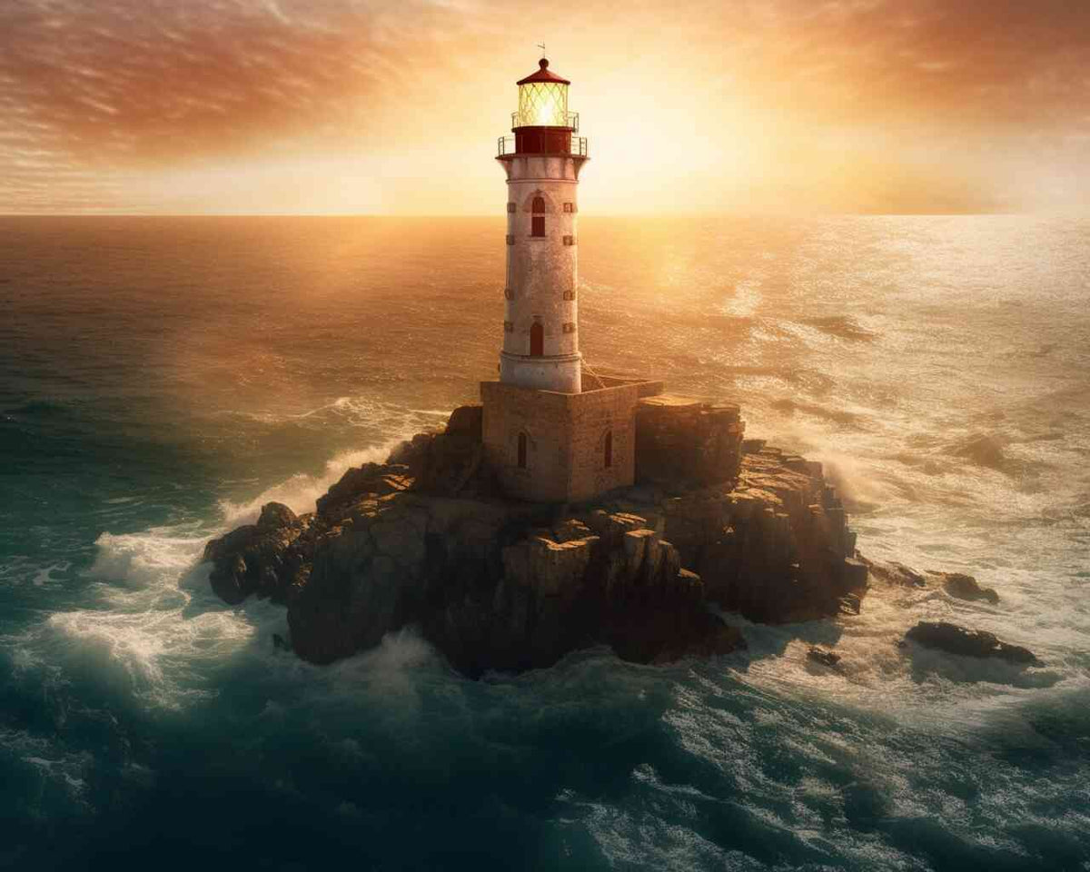 "Paint by Numbers - Lighthouse of Awakening at sunrise over jagged cliffs with waves crashing, warm amber sky, romantic and timeless landscape art"