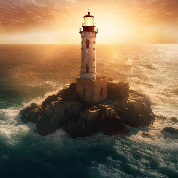 "Paint by Numbers - Lighthouse of Awakening at sunrise over jagged cliffs with waves crashing, warm amber sky, romantic and timeless landscape art"