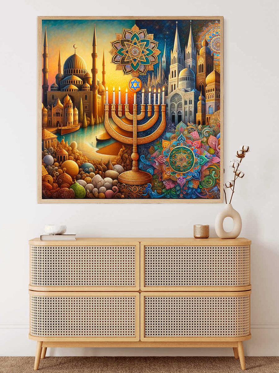 Paint by Numbers - Union of Cultures artwork showcasing twilight, Menorah, Star of David, and diverse architectural elements in warm colors.