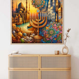 Paint by Numbers - Union of Cultures artwork showcasing twilight, Menorah, Star of David, and diverse architectural elements in warm colors.