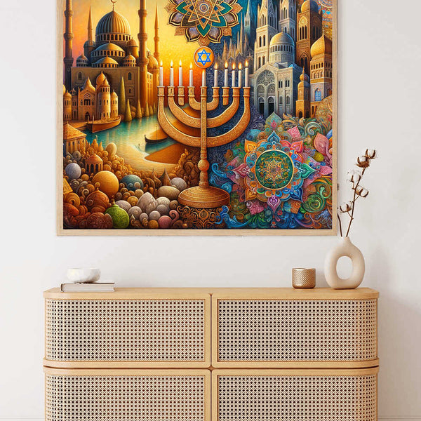 Paint by Numbers - Union of Cultures artwork showcasing twilight, Menorah, Star of David, and diverse architectural elements in warm colors.