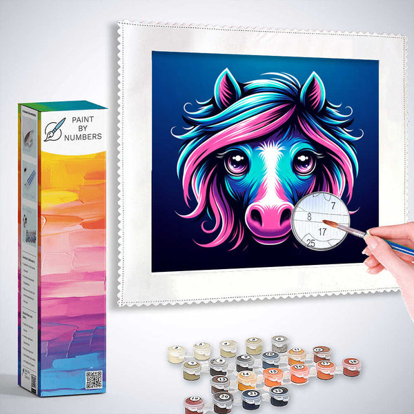 Paint by Numbers - Colorful Spirit kit featuring a vibrant horse painting with bright blues and pinks, showcasing a surrealist style.