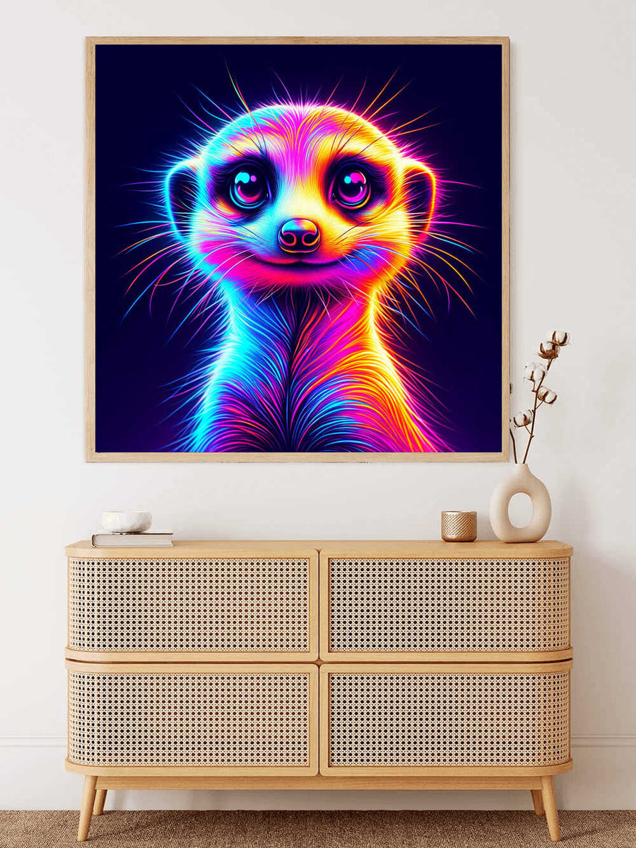 Paint by Numbers "Colorful Glow" meerkat with neon rainbow fur, framed on the wall above a modern wooden dresser.