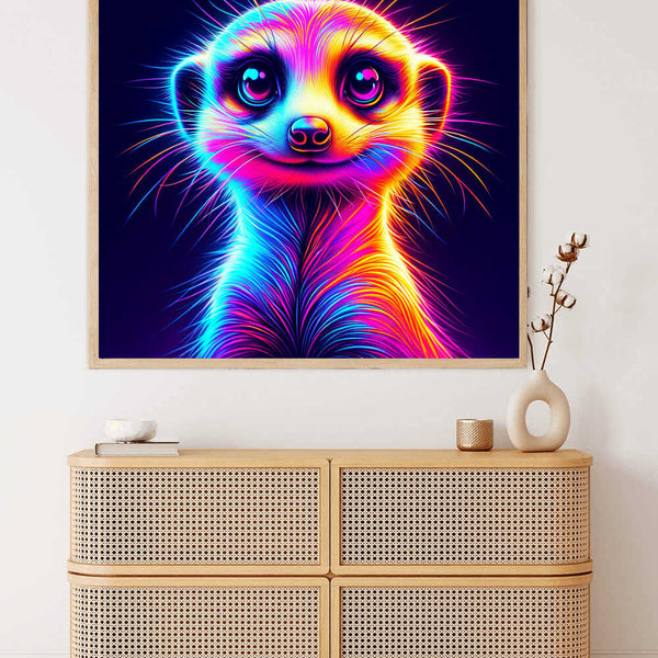 Paint by Numbers "Colorful Glow" meerkat with neon rainbow fur, framed on the wall above a modern wooden dresser.