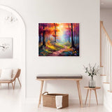Paint by Numbers - Enchanted Forest in Morning Light, vibrant path among crimson and golden trees, framed painting in modern room.