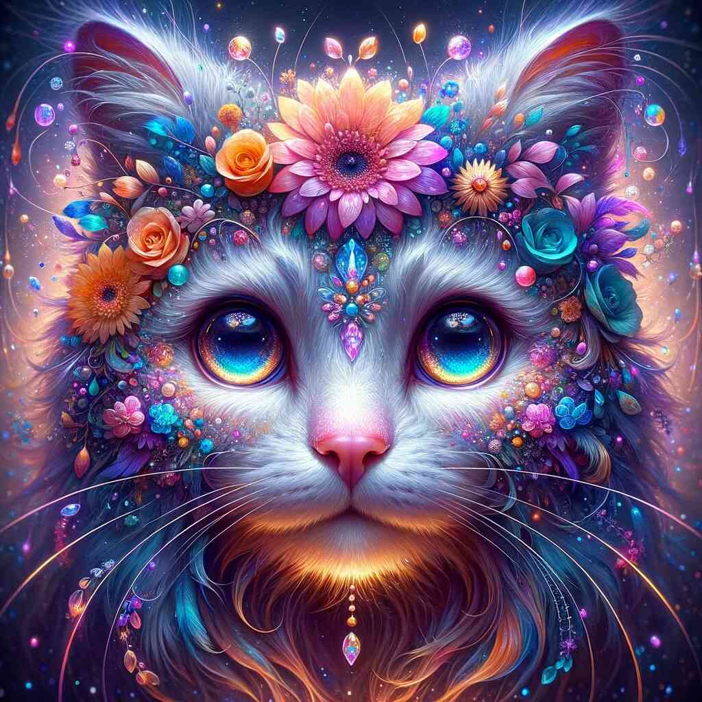 Paint by Numbers - Floral Dreams of a Star Being cat with flower crown in vibrant colors, modern surrealism.