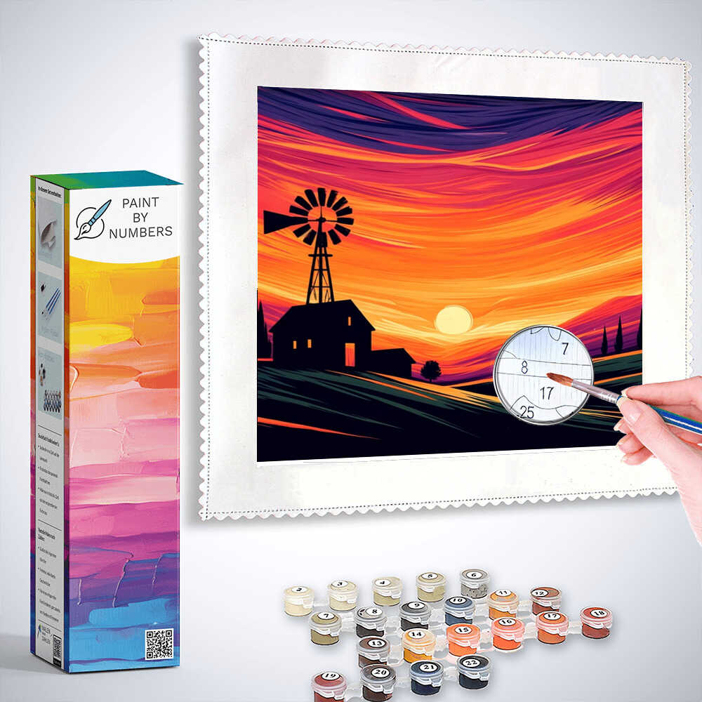 Paint by Numbers kit for "Fiery Evening Sky" with a farmhouse and windmill silhouette against a vibrant sunset in orange and red tones.