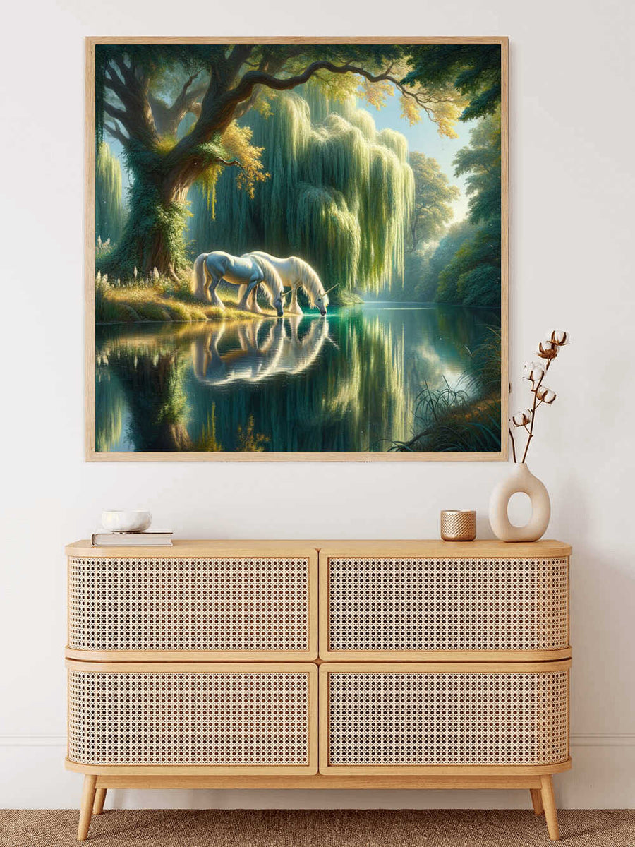 Paint by Numbers - Mysterious Glade - an enchanted unicorn by a serene lake with golden sunlight filtering through lush greenery and reflections.