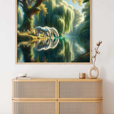 Paint by Numbers - Mysterious Glade - an enchanted unicorn by a serene lake with golden sunlight filtering through lush greenery and reflections.
