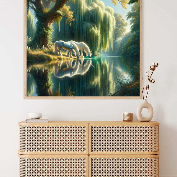 Paint by Numbers - Mysterious Glade - an enchanted unicorn by a serene lake with golden sunlight filtering through lush greenery and reflections.