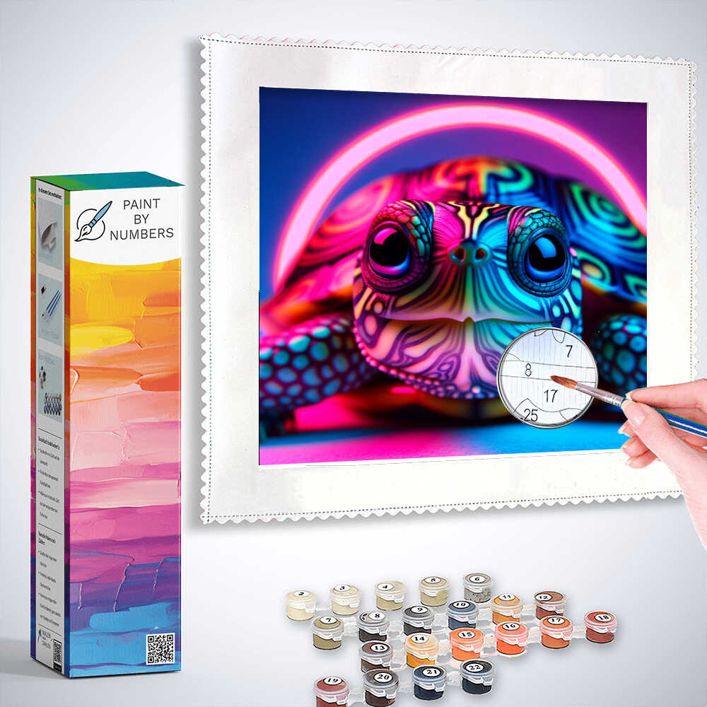 Person painting a colorful turtle artwork with neon patterns using Paint by Numbers kit.