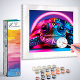 Person painting a colorful turtle artwork with neon patterns using Paint by Numbers kit.