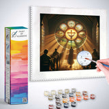 Paint by Numbers kit featuring a church scene with sunlight through stained glass and believers in silent contemplation.