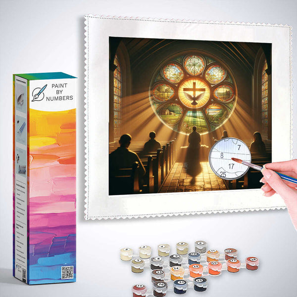 Paint by Numbers kit featuring a church scene with sunlight through stained glass and believers in silent contemplation.