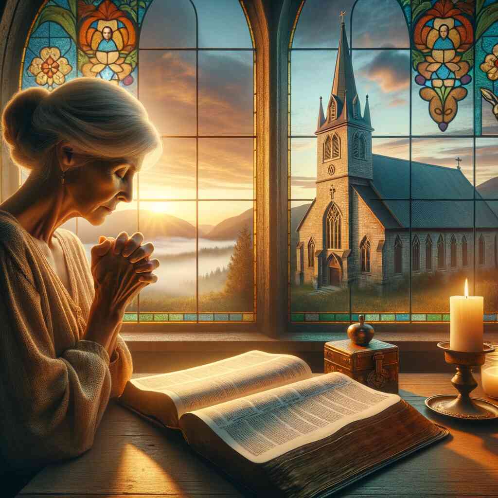 Paint by Numbers - Morning prayer in quiet brightness with woman praying by church window, sunlight on her face, church tower, misty mountains