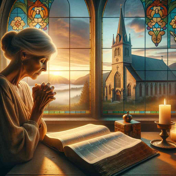 Paint by Numbers - Morning prayer in quiet brightness with woman praying by church window, sunlight on her face, church tower, misty mountains