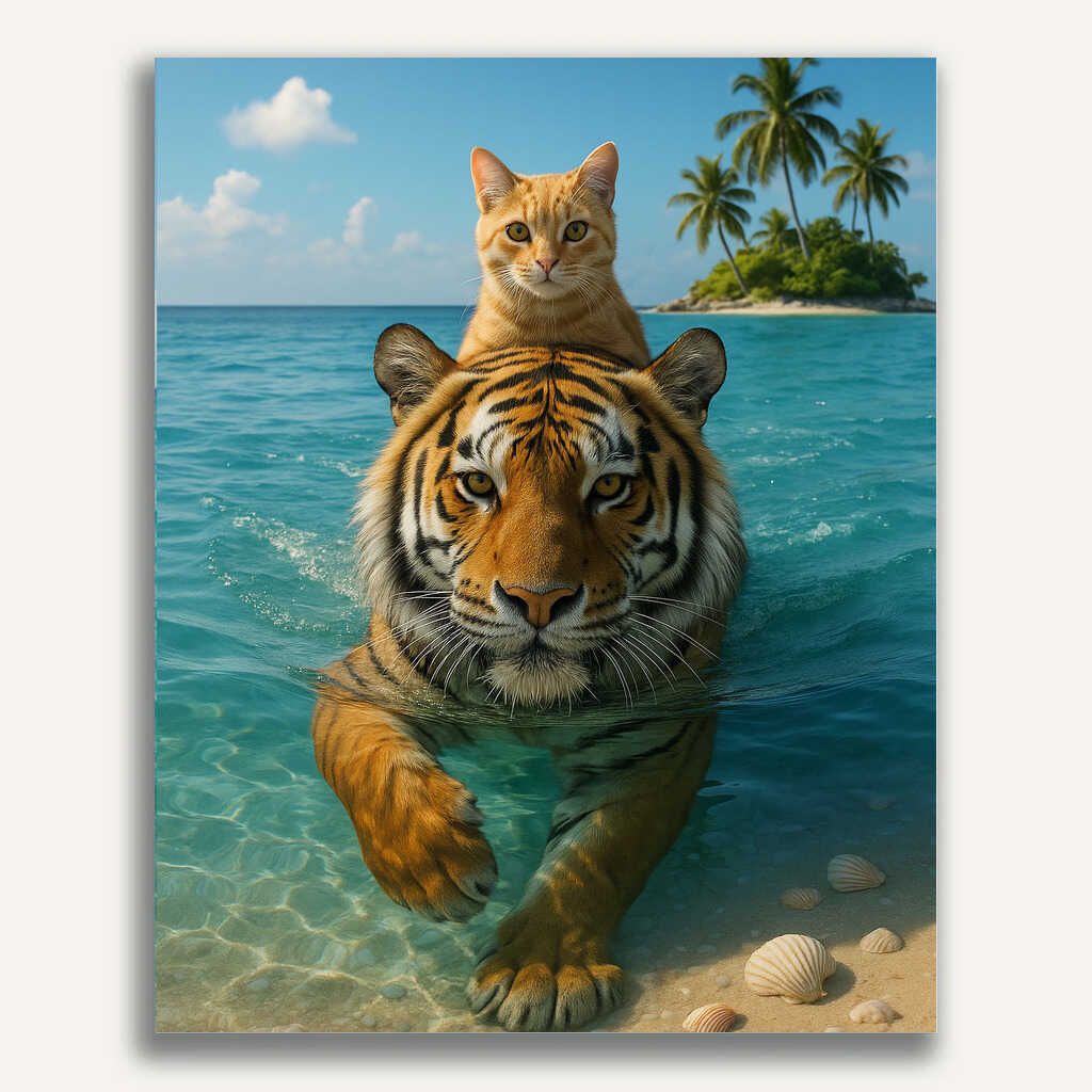 Paint by Numbers - Cat Swims on Tiger Through Sea
