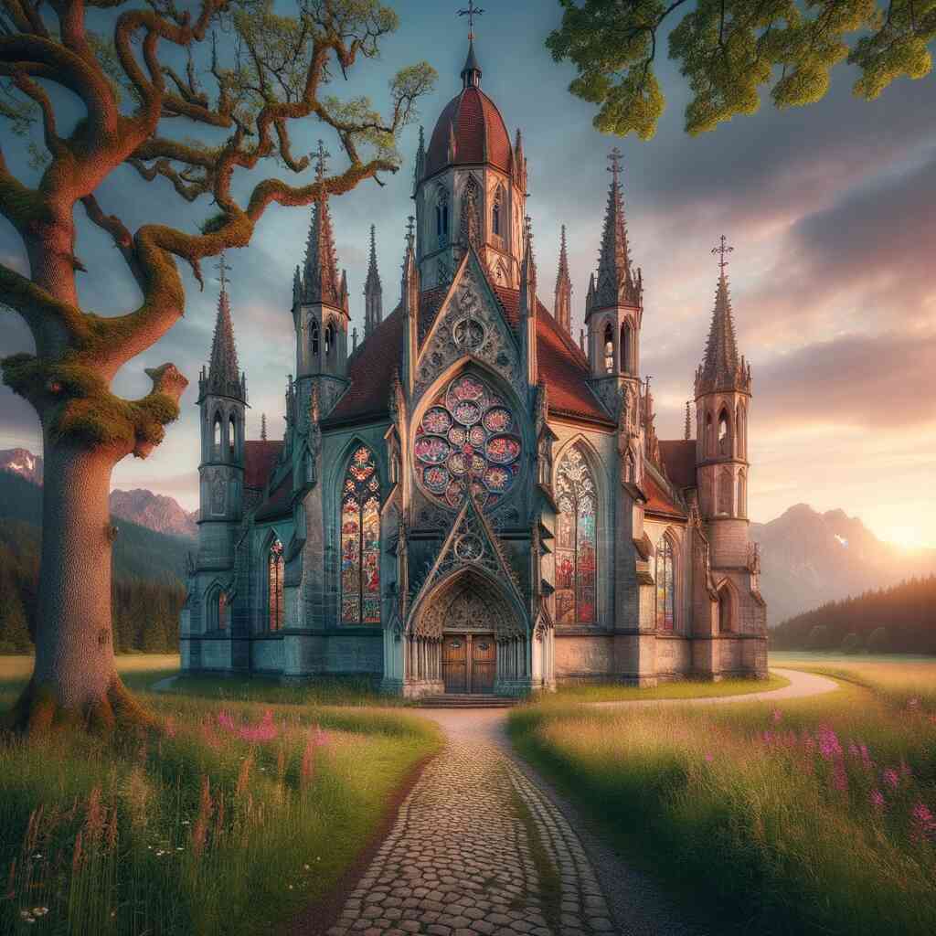 Paint by Numbers - The Awakening of the Timeless Cathedral, featuring a stunning cathedral at dusk with warm tones and intricate stained glass.