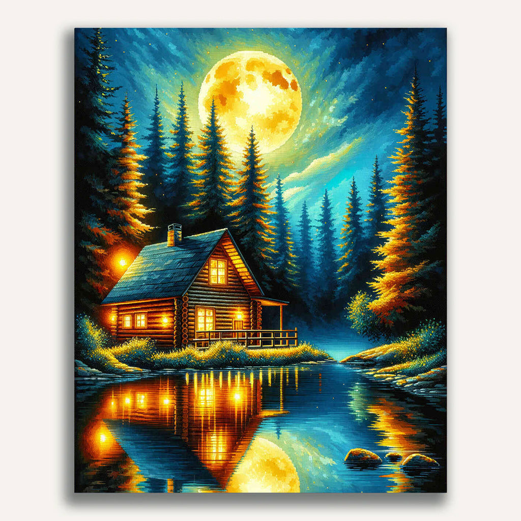 Log cabin at night - Paint by Numbers