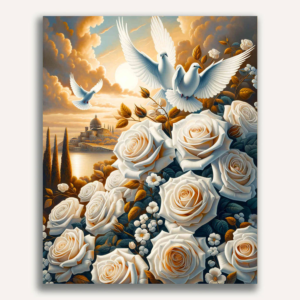 Bouquet of flowers, doves of peace - Paint by Numbers