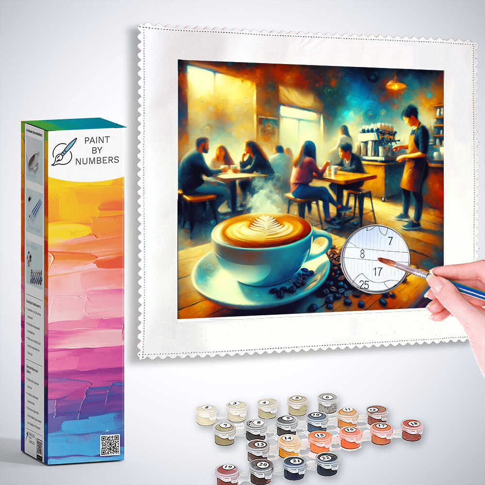 Paint by Numbers kit for "Coffee House Magic" featuring a vibrant coffeehouse scene with guests and a steaming cup of latte art.