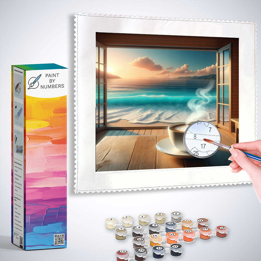 Paint by Numbers artwork showing a seaside sunrise with a steaming coffee on a wooden table and painting supplies in the foreground.