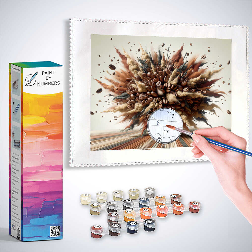 Paint by Numbers kit featuring "Coffee Cosmos - Awakening of the Senses" with vibrant paint palette and partially completed canvas.
