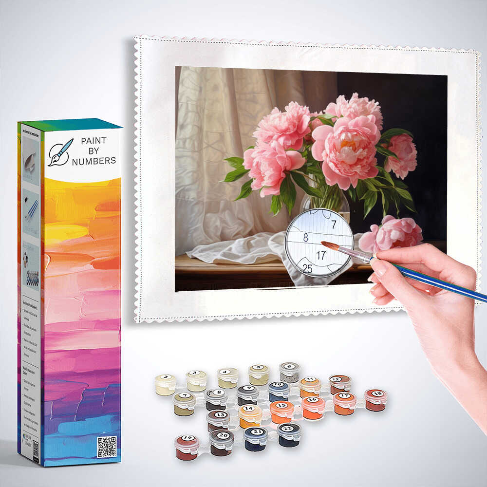 Paint by Numbers kit "Delicate Elegance" with pink peonies in a glass vase against dark background, hand painting on canvas with paint pots.