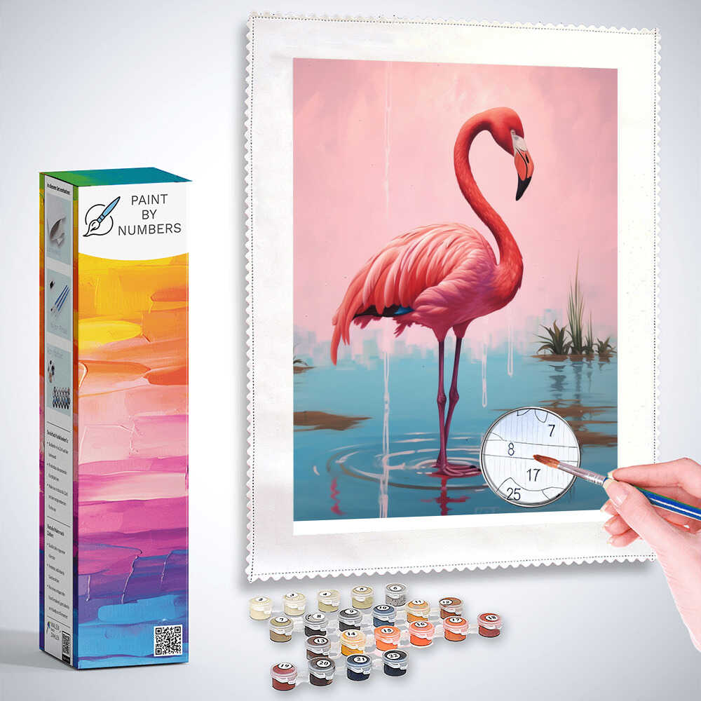 Flamingo paint by numbers kit with hand painting a flamingo in calm waters, surrounded by twilight, blending pink and sky blue shades.