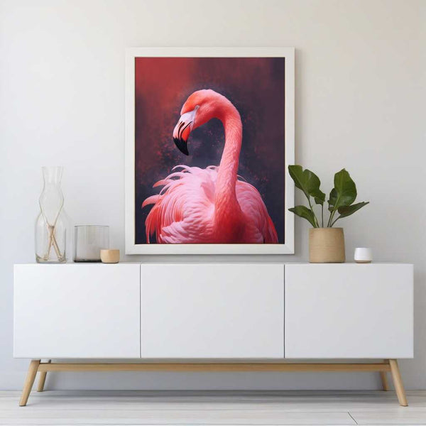 Paint by Numbers kit featuring a realistic, coral-colored flamingo against a sensual red background, showcasing nature's grace and majesty.