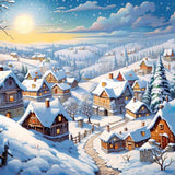 Paint by Numbers - Winter Dream in White, showcasing a snowy village under the winter sun with cozy wooden houses and a serene landscape.