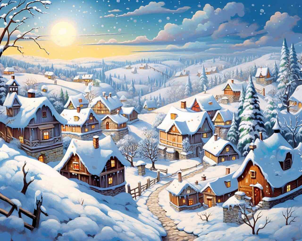 Paint by Numbers - Winter Dream in White, showcasing a snowy village under the winter sun with cozy wooden houses and a serene landscape.