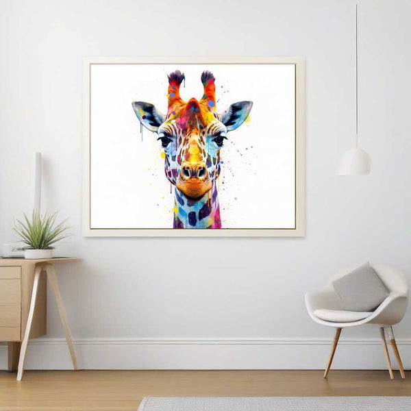 Paint by Numbers - Colorful giraffe portrait in an explosion of vibrant shades of blue, yellow, and red mounted on a living room wall.