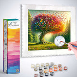 Paint by Numbers kit featuring a vibrant Butterfly Tree of Love painting with bright reds, oranges, and purples in a fantasy forest setting