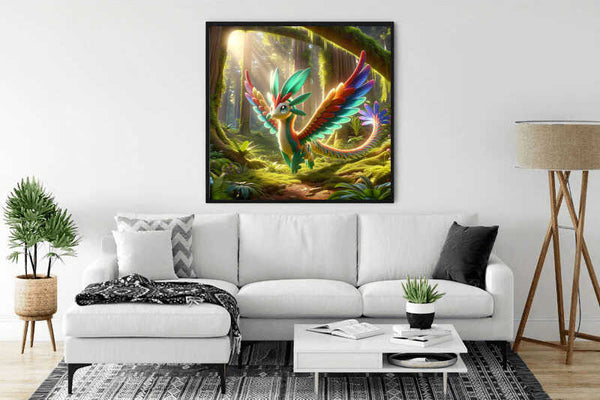 "Paint by Numbers Forest of Wonders" painting featuring a fantasy creature with iridescent wings in a sunlit green forest above a white couch.