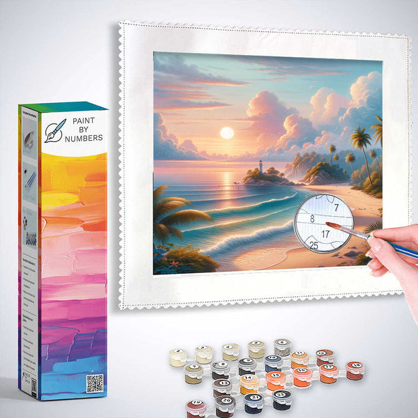 Paint by Numbers kit with tropical sunset scene, lighthouse, pastel skies, waterfalls, and gentle waves on a white beach.