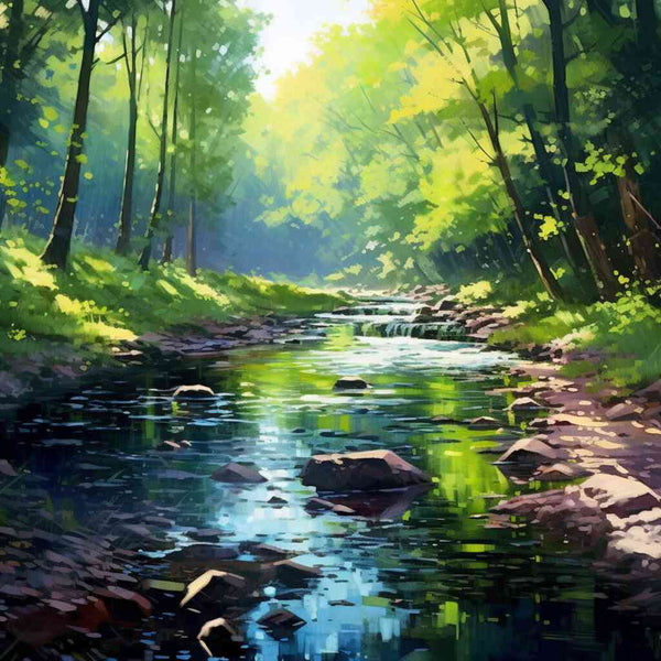 Paint by Numbers - Forest Whispers in the Morning Light, featuring a serene stream amid lush green trees and sunlight.