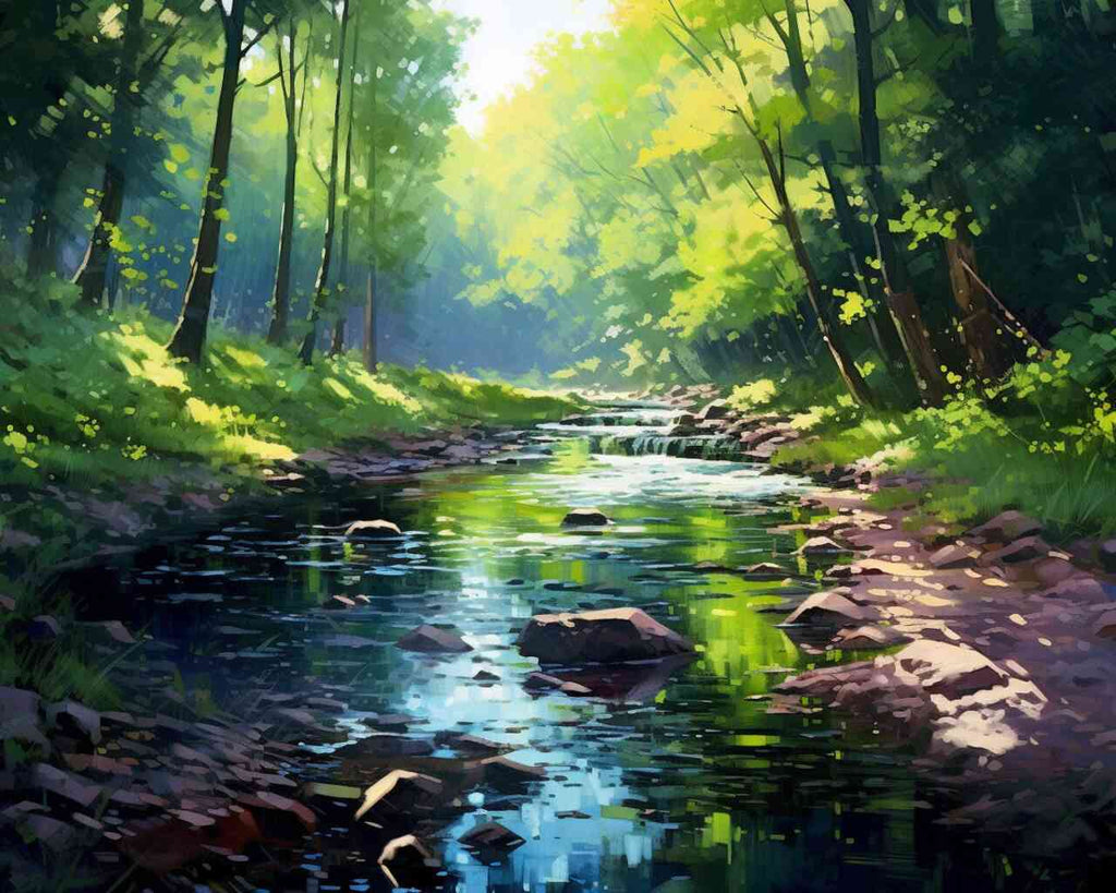 Paint by Numbers - Forest Whispers in the Morning Light, featuring a serene stream amid lush green trees and sunlight.