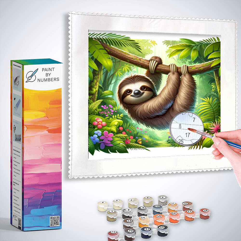 Paint by Numbers kit featuring a serene jungle scene with a smiling sloth hanging from a branch amidst vibrant greenery and tropical flowers.