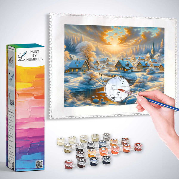 Sunrise, snow village - Paint by Numbers
