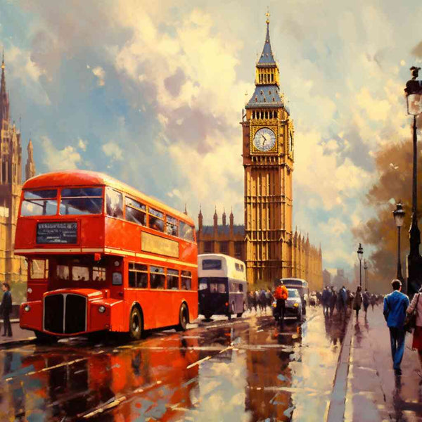 Paint by Numbers - A rainy London day with vibrant reflections; Big Ben, red double-decker bus, and shadowy figures in impressionist style.