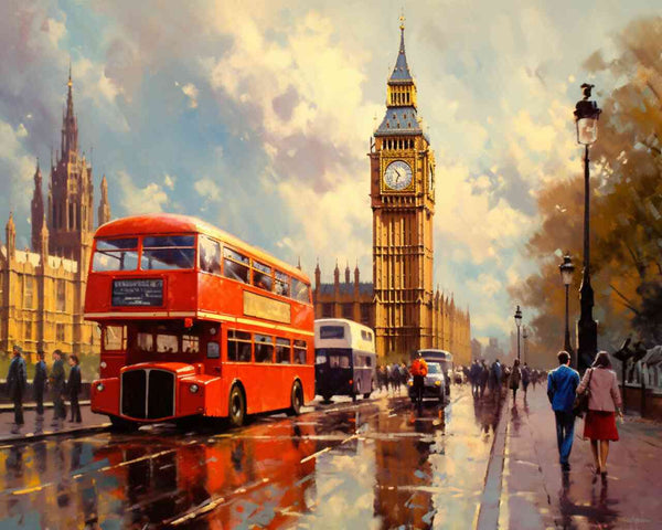 Paint by Numbers - A rainy London day with vibrant reflections; Big Ben, red double-decker bus, and shadowy figures in impressionist style.