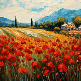 Paint by Numbers - vibrant poppies under dramatic sky, rolling hills, Mediterranean villa, energy through dynamic brushwork