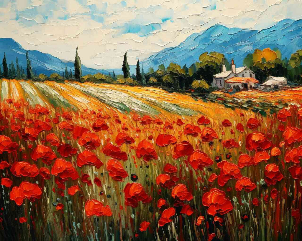 Paint by Numbers - vibrant poppies under dramatic sky, rolling hills, Mediterranean villa, energy through dynamic brushwork
