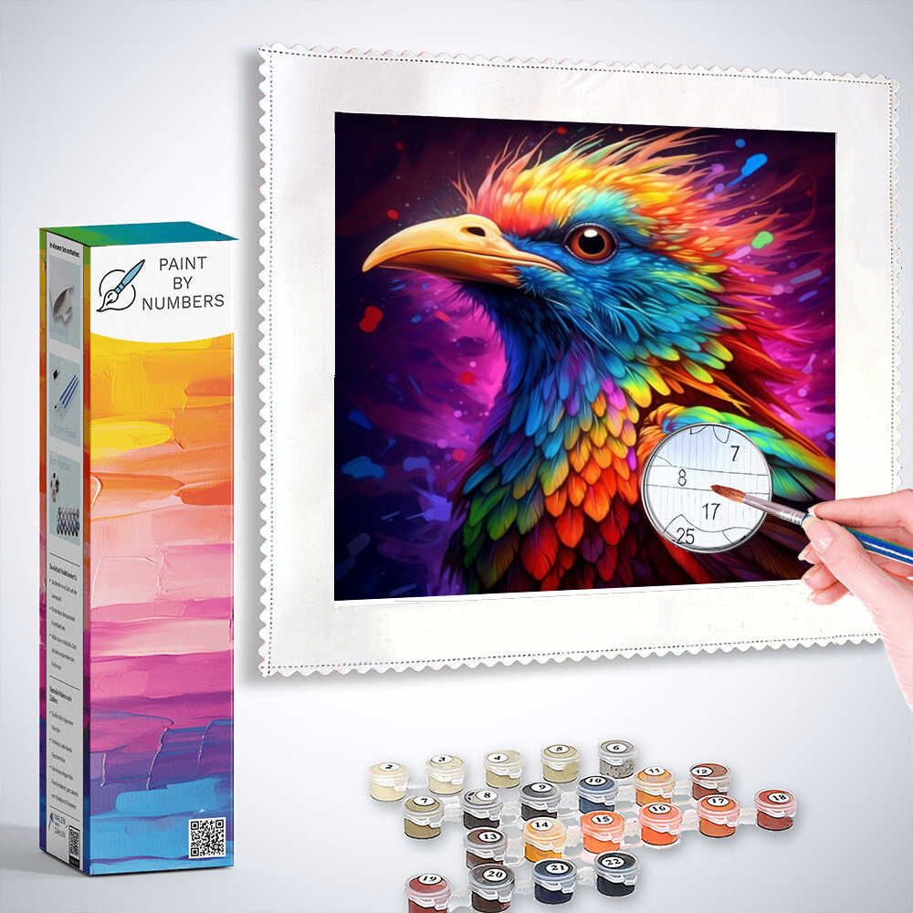 Paint by Numbers kit "Phoenix of Colour" with vibrant feathers in modernist style, paint pots, and brush, evoking renewal and ecstatic beauty