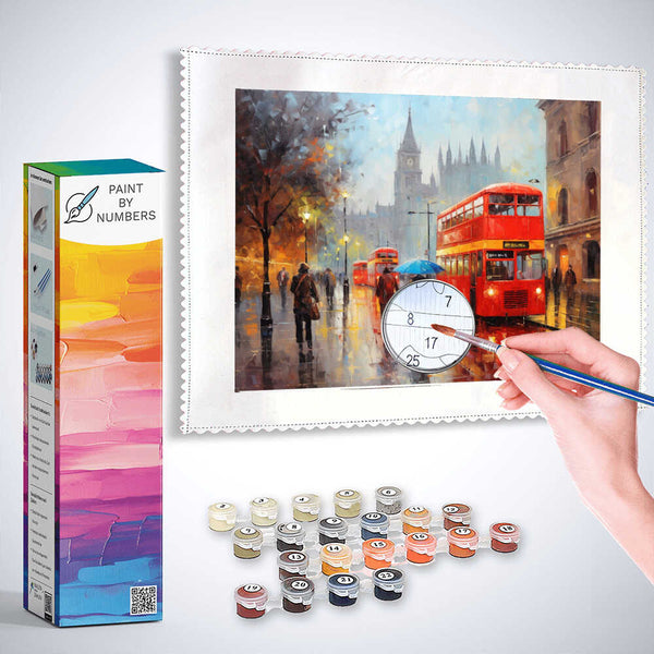 Paint by Numbers kit featuring a rainy evening in London with red double-decker buses, perfect for Modern Expressionism art enthusiasts.
