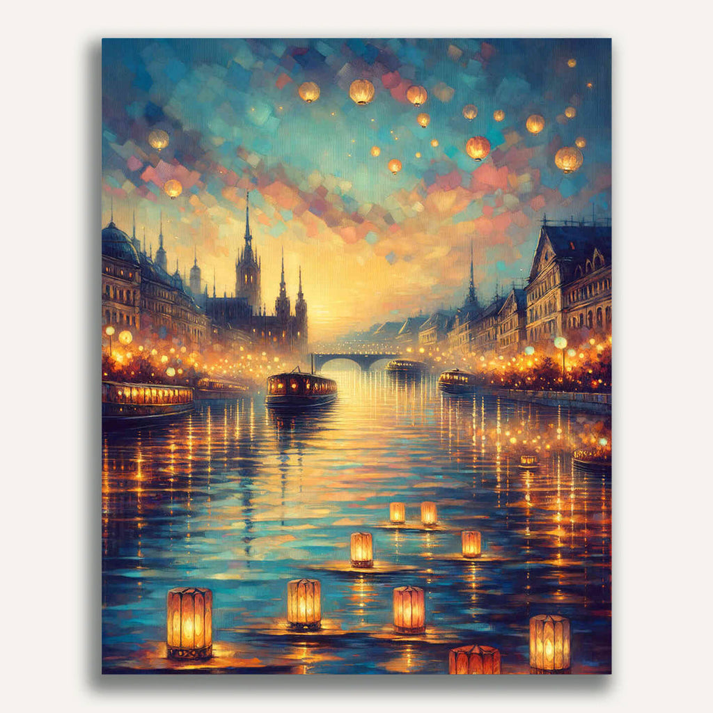 City by the river, lantern light - Paint by Numbers