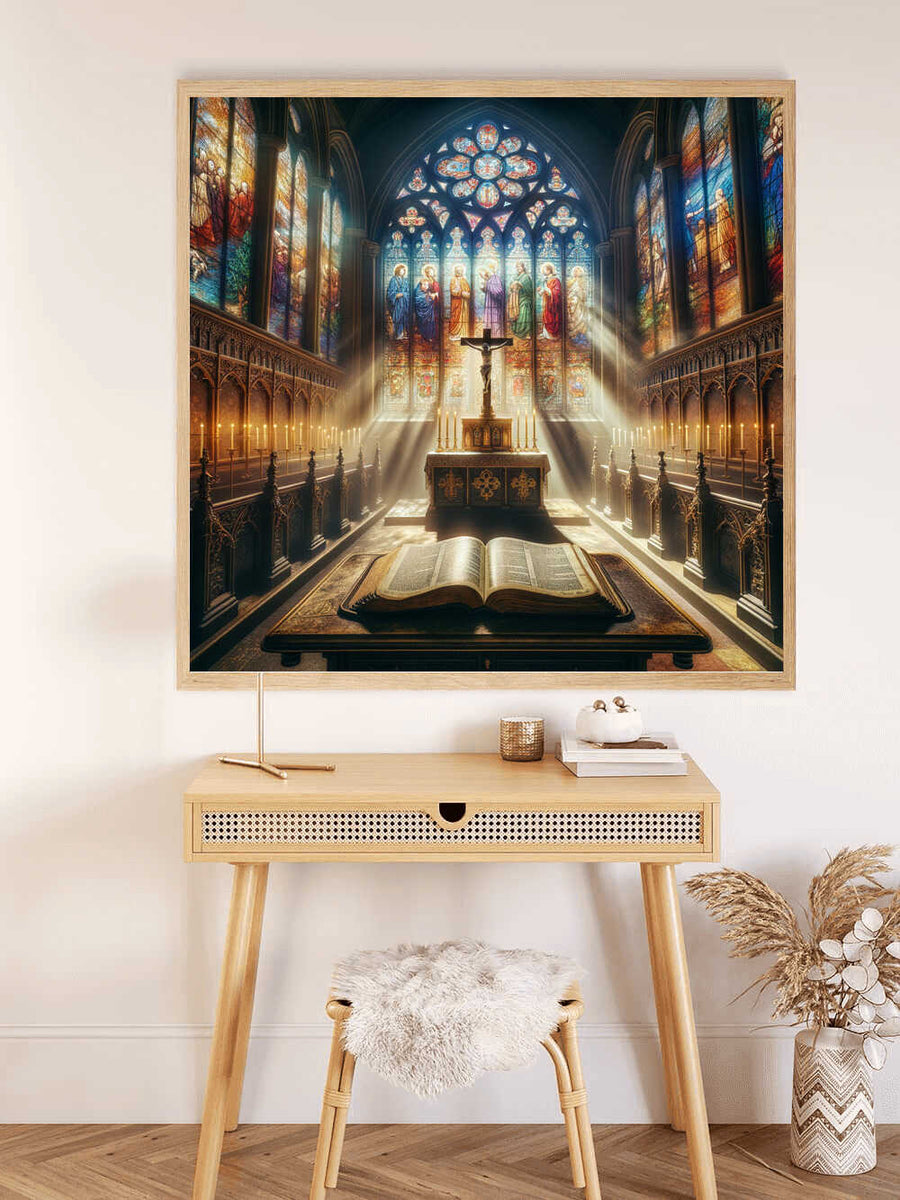 Painting of a Gothic sanctuary with stained glass windows and an illuminated altar, part of the Paint by Numbers "Illumination in the Sanctuary" set